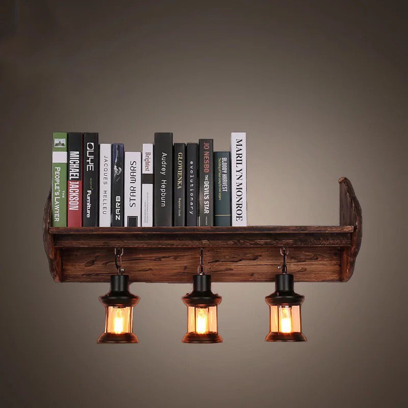 Rustic Bookshelf Wall Light with Lantern Design