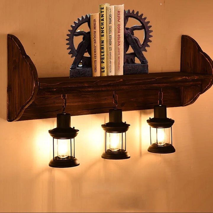 Rustic Bookshelf Wall Light with Lantern Design