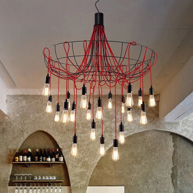 Artistic Cluster Chandelier with Red Cords