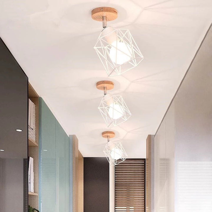 Modern Wireframe Ceiling Light with Wooden Base