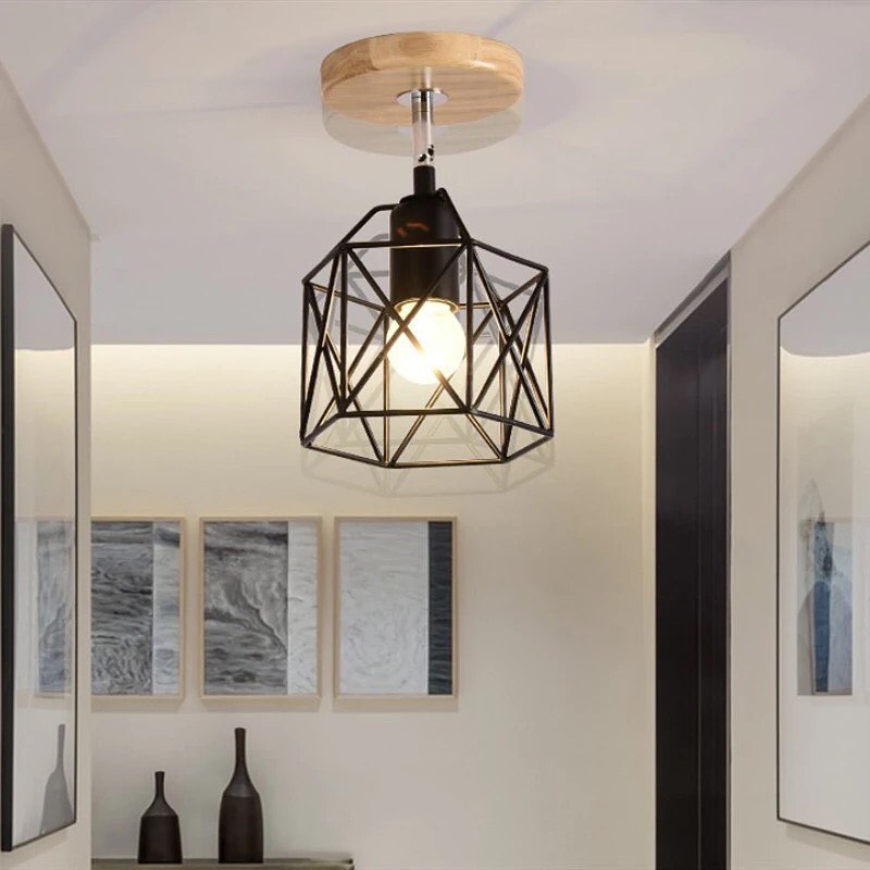 Modern Wireframe Ceiling Light with Wooden Base