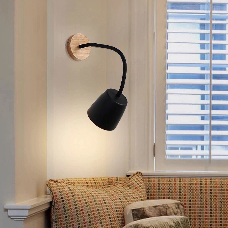 Modern Wall Light with Wooden Base and Adjustable Arm