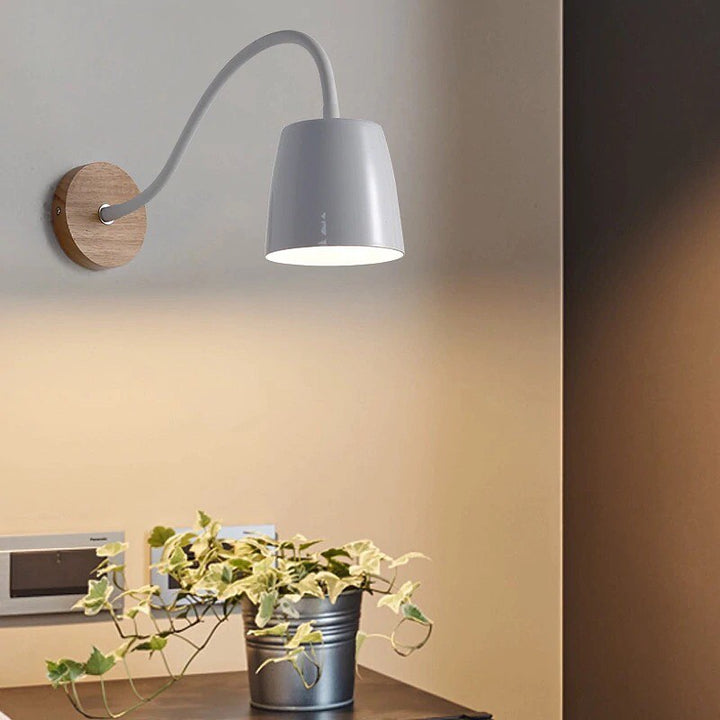 Modern Wall Light with Wooden Base and Adjustable Arm