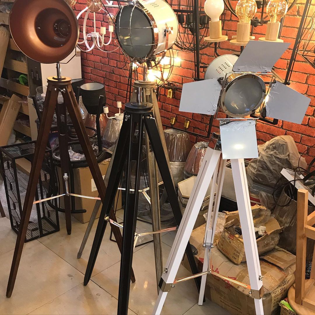 Industrial Floor Lamp with Tripod Base and Cage Shade