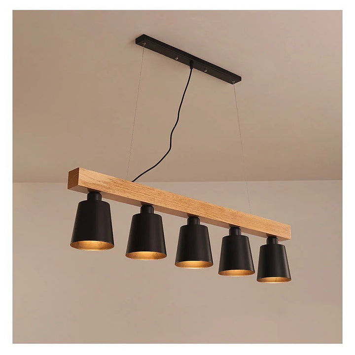 Modern Linear Pendant Light with Wooden Beam and Black Shades