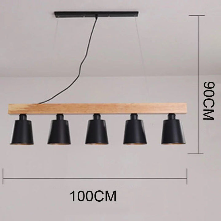 Modern Linear Pendant Light with Wooden Beam and Black Shades