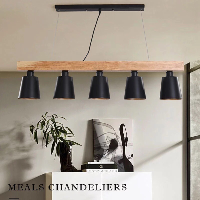 Modern Linear Pendant Light with Wooden Beam and Black Shades