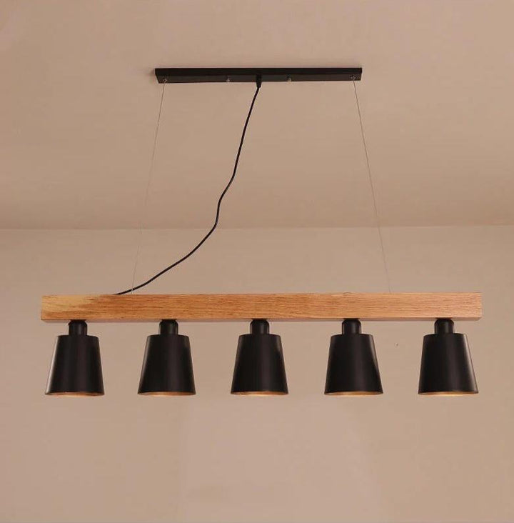 Modern Linear Pendant Light with Wooden Beam and Black Shades