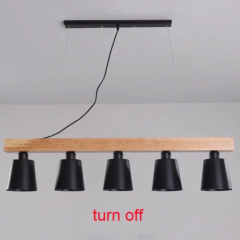 Modern Linear Pendant Light with Wooden Beam and Black Shades