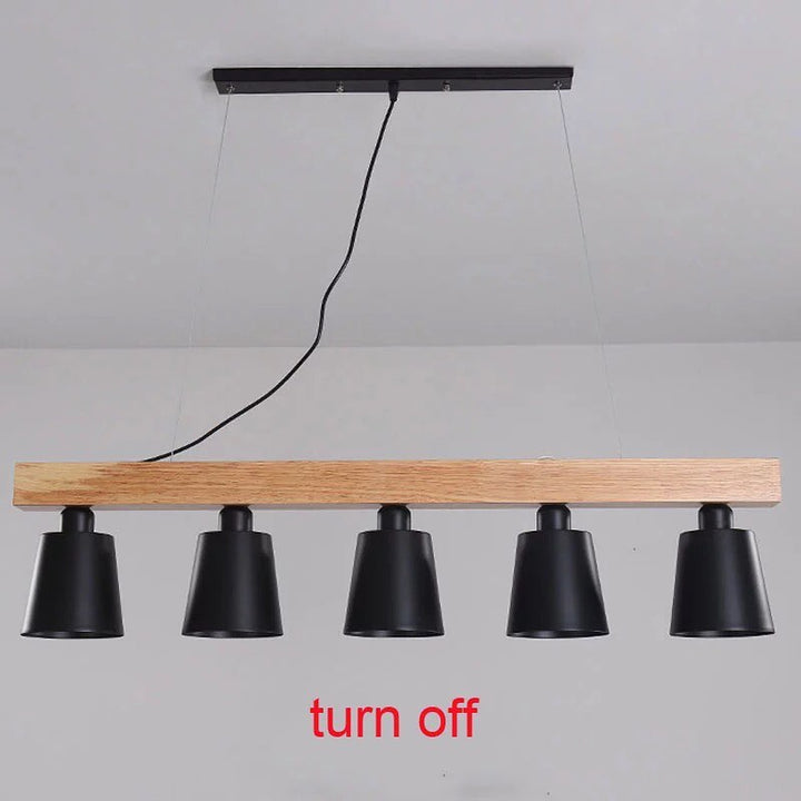 Modern Linear Pendant Light with Wooden Beam and Black Shades