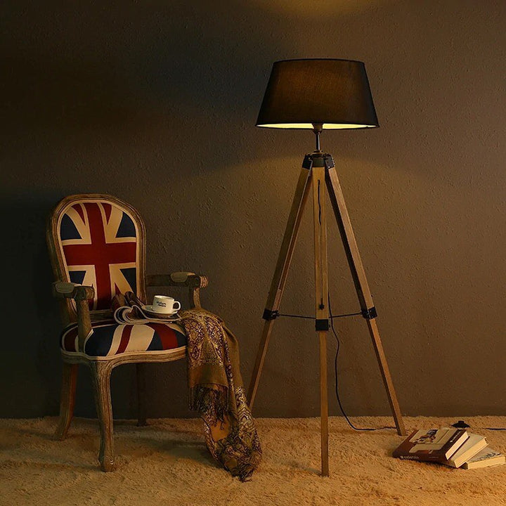 Rustic Tripod Floor Lamp with Black Shade