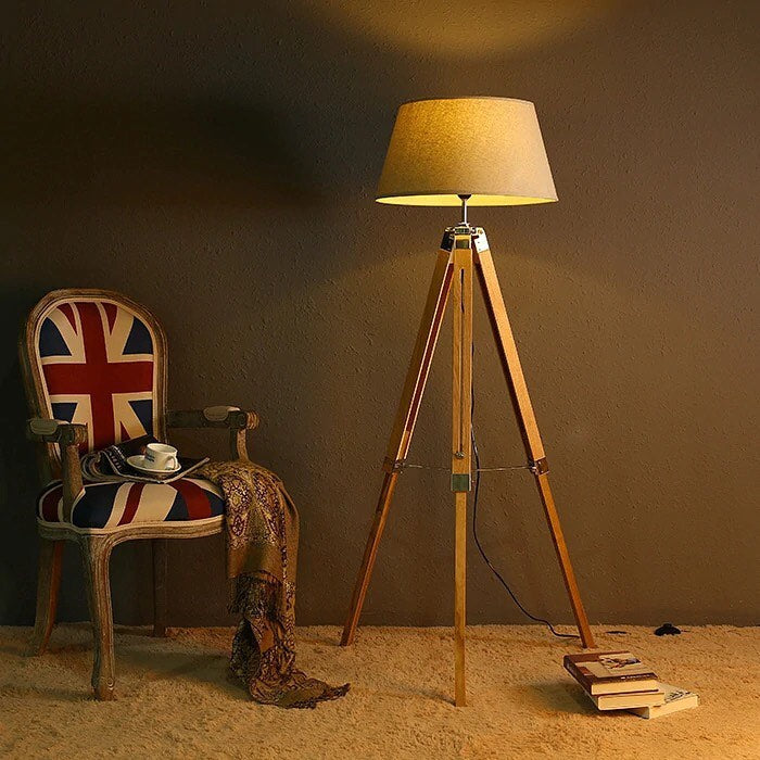 Rustic Tripod Floor Lamp with Black Shade