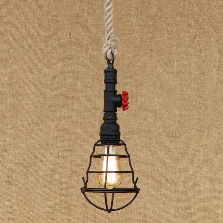 Industrial Pipe Pendant Light with Cage Shade