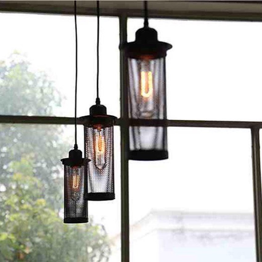 Industrial Pendant Light with Cylindrical Mesh Design