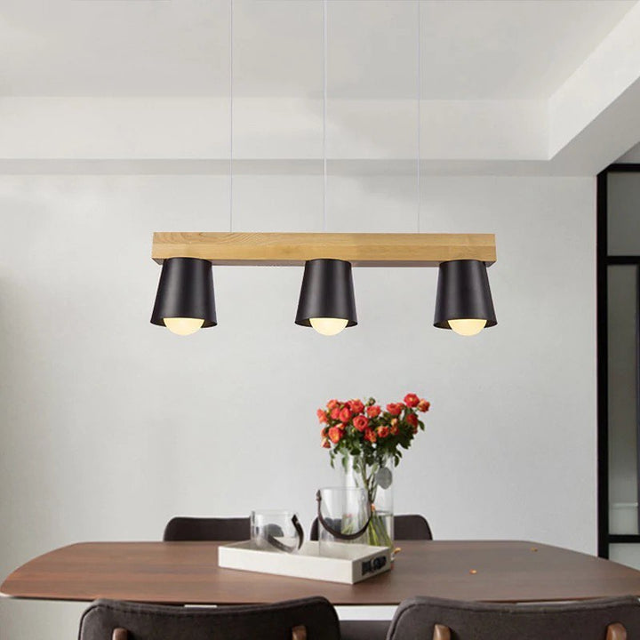 Modern Pendant Light with Wooden Bar and Black Shades