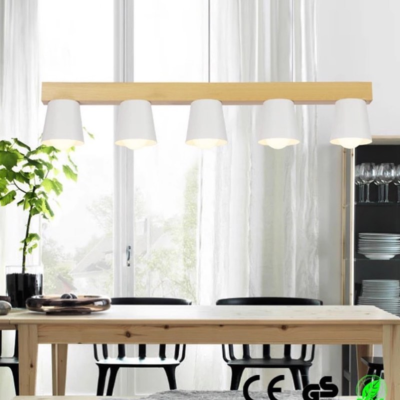 Modern Pendant Light with Wooden Bar and Black Shades