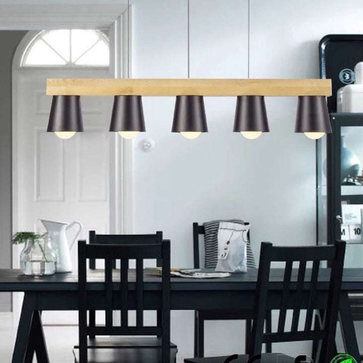 Modern Pendant Light with Wooden Bar and Black Shades