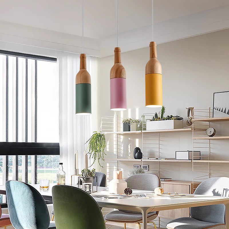 Colorful Pendant Lights with Wooden Tops