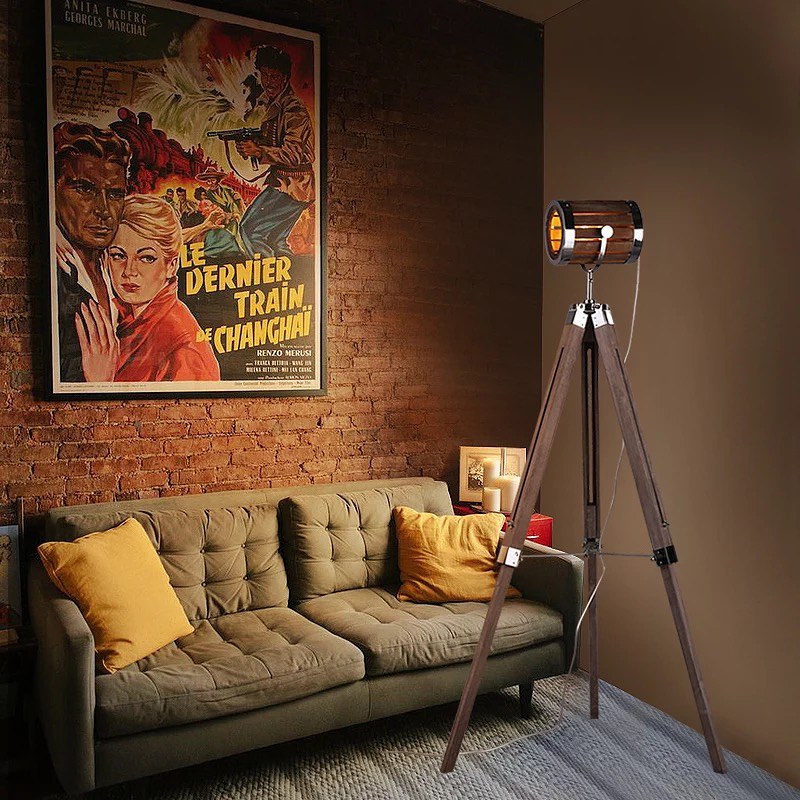 Wooden Tripod Floor Lamp with Black Spotlight