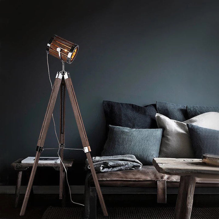 Wooden Tripod Floor Lamp with Black Spotlight