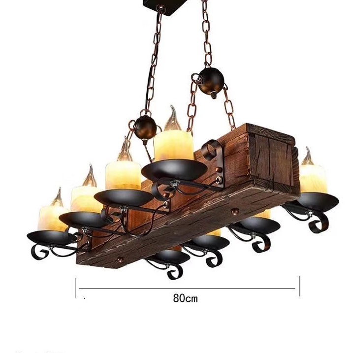 Rustic Chandelier with Wooden Beam and Candle