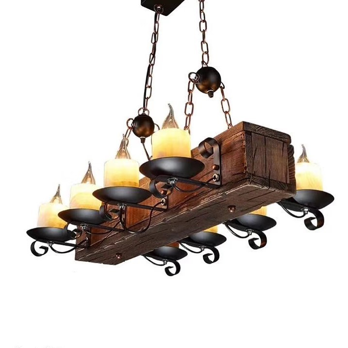 Rustic Chandelier with Wooden Beam and Candle