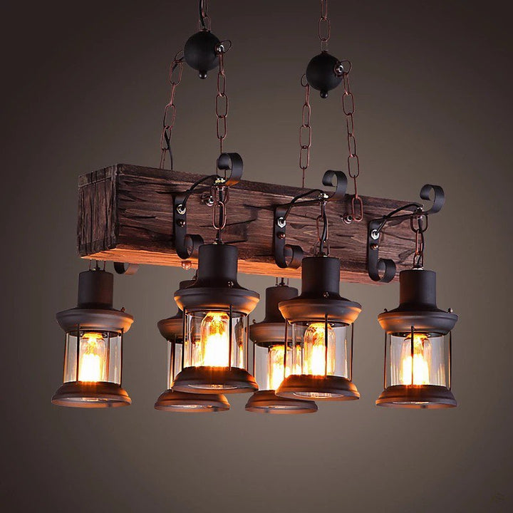 Rustic Lantern Chandelier with Wooden Beam