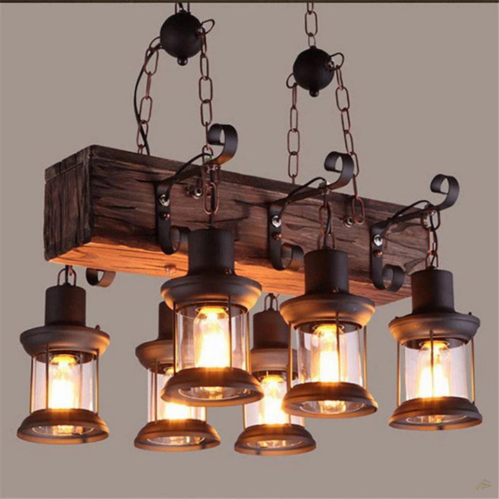 Rustic Lantern Chandelier with Wooden Beam