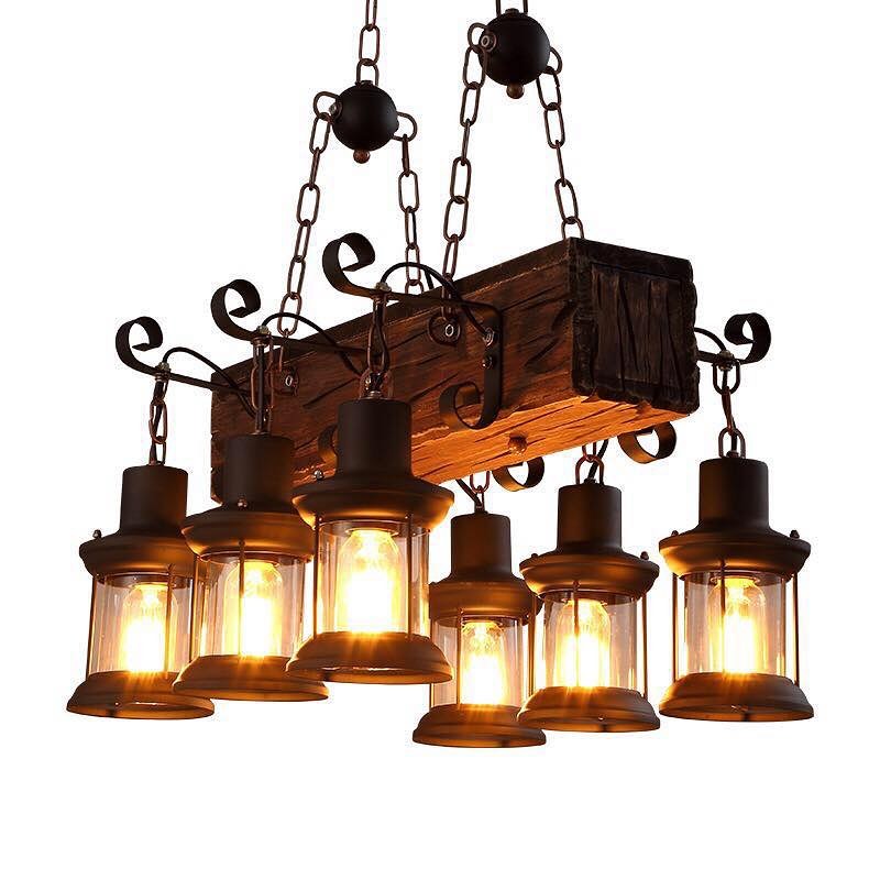 Rustic Lantern Chandelier with Wooden Beam