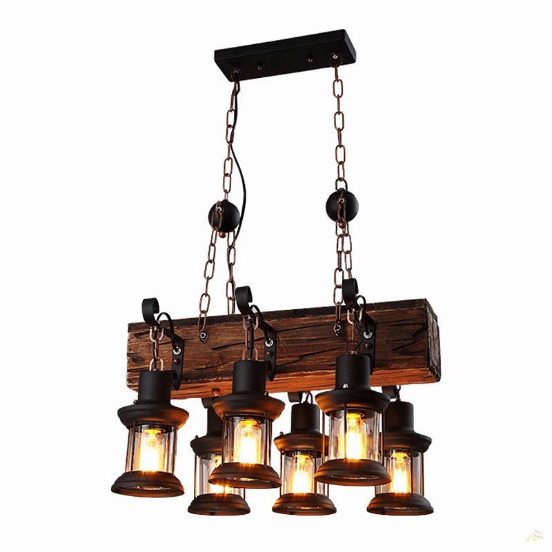 Rustic Lantern Chandelier with Wooden Beam