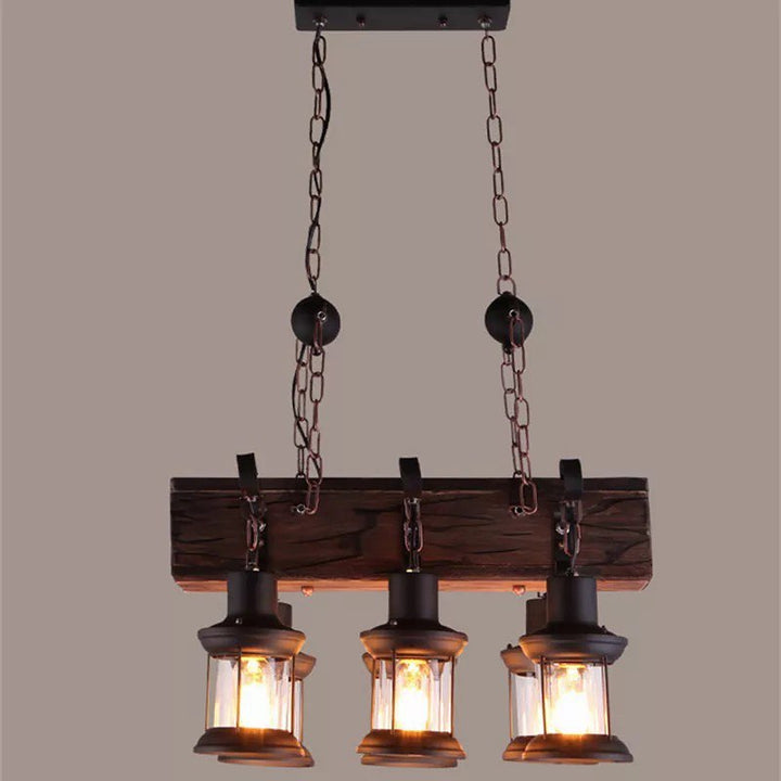 Rustic Lantern Chandelier with Wooden Beam