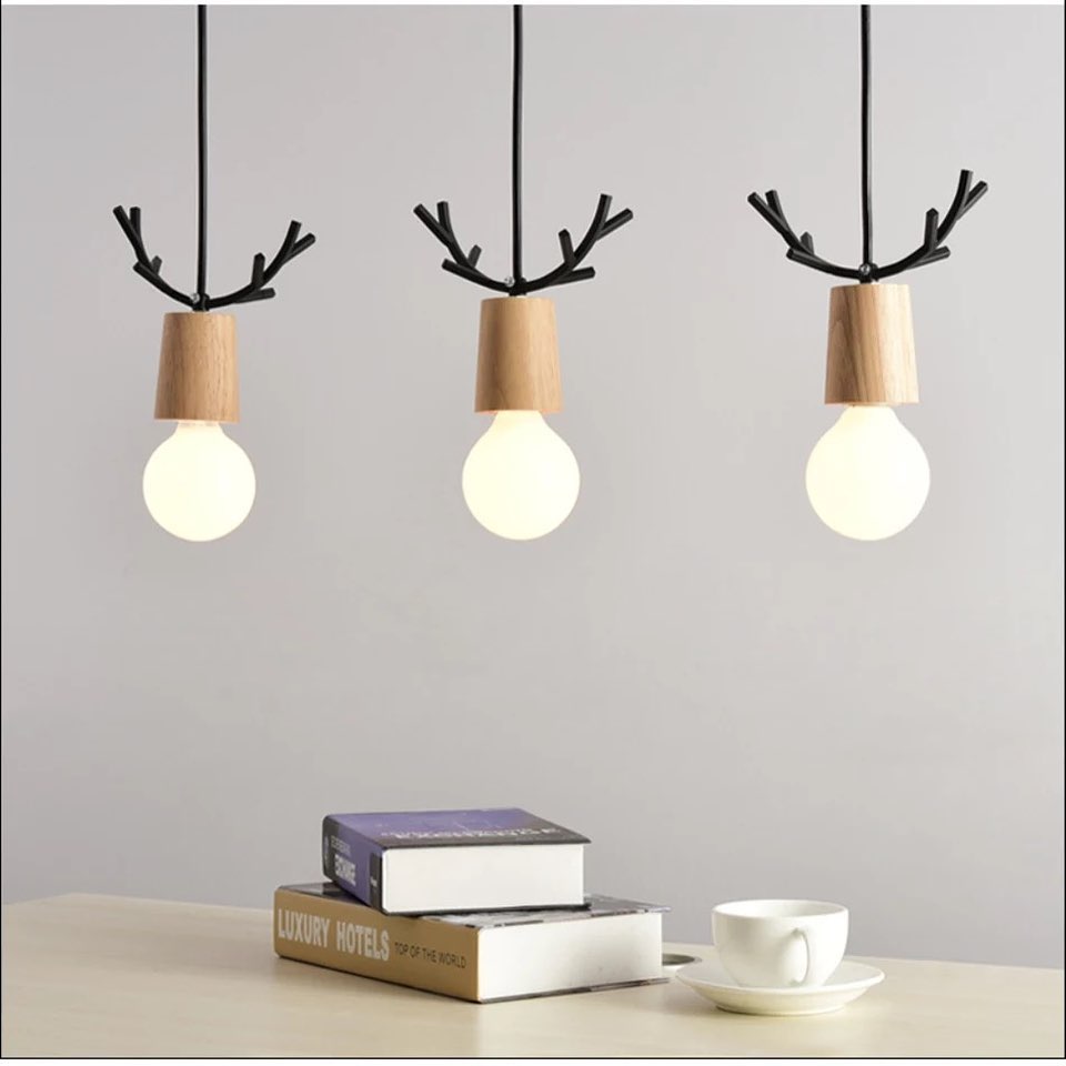 Modern Antler Pendant Light with Wooden Accents