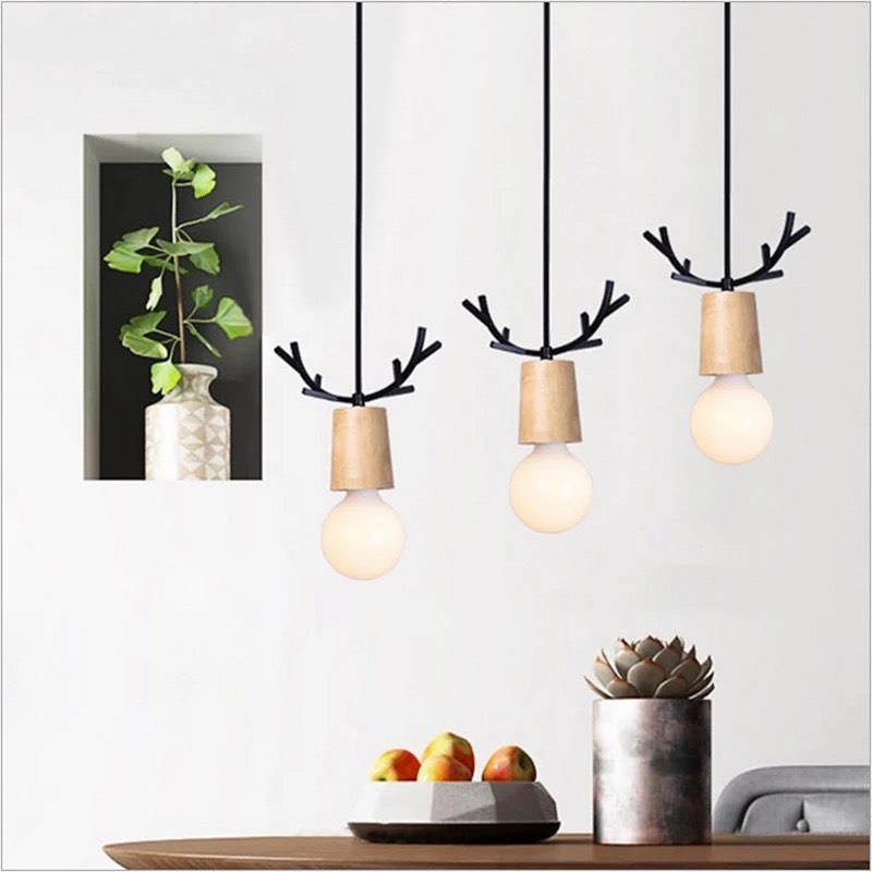 Modern Antler Pendant Light with Wooden Accents