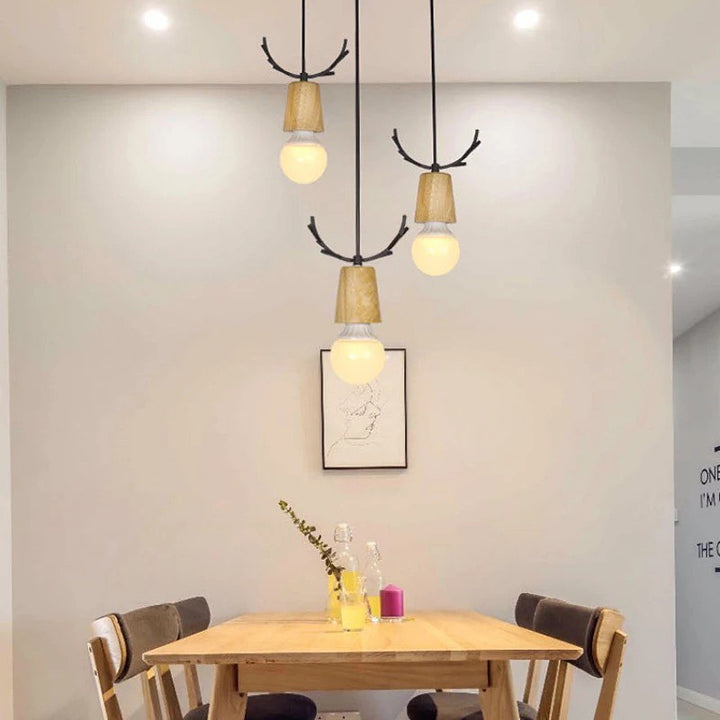 Modern Antler Pendant Light with Wooden Accents