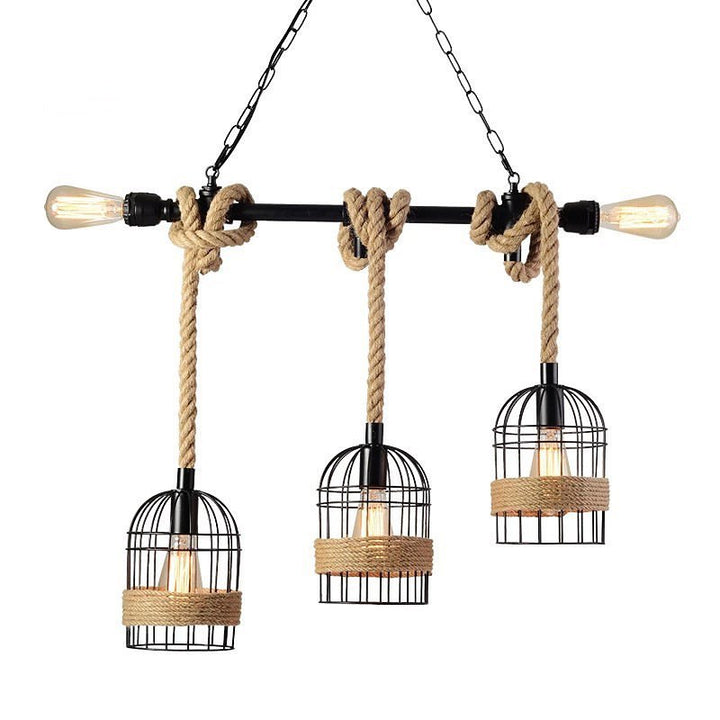 Rustic Cage Pendant Light with Rope Design