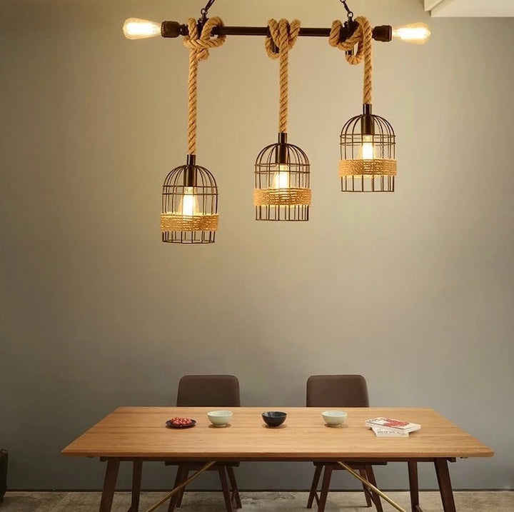 Rustic Cage Pendant Light with Rope Design