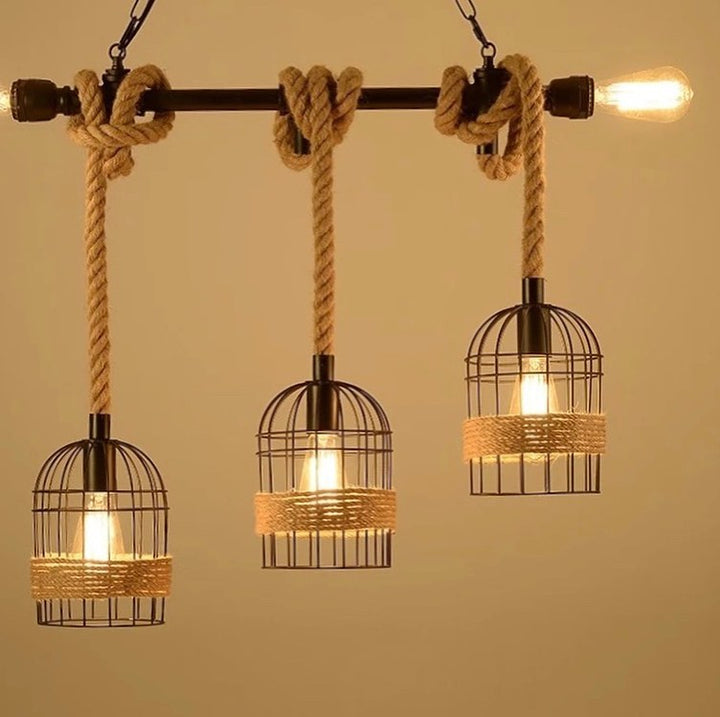 Rustic Cage Pendant Light with Rope Design