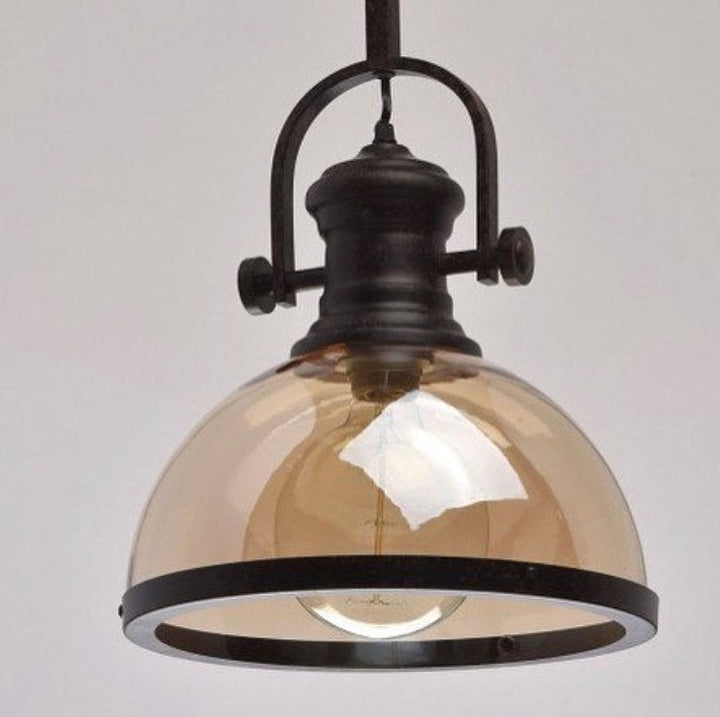 Vintage Industrial Pendant Light with Amber Glass Shade