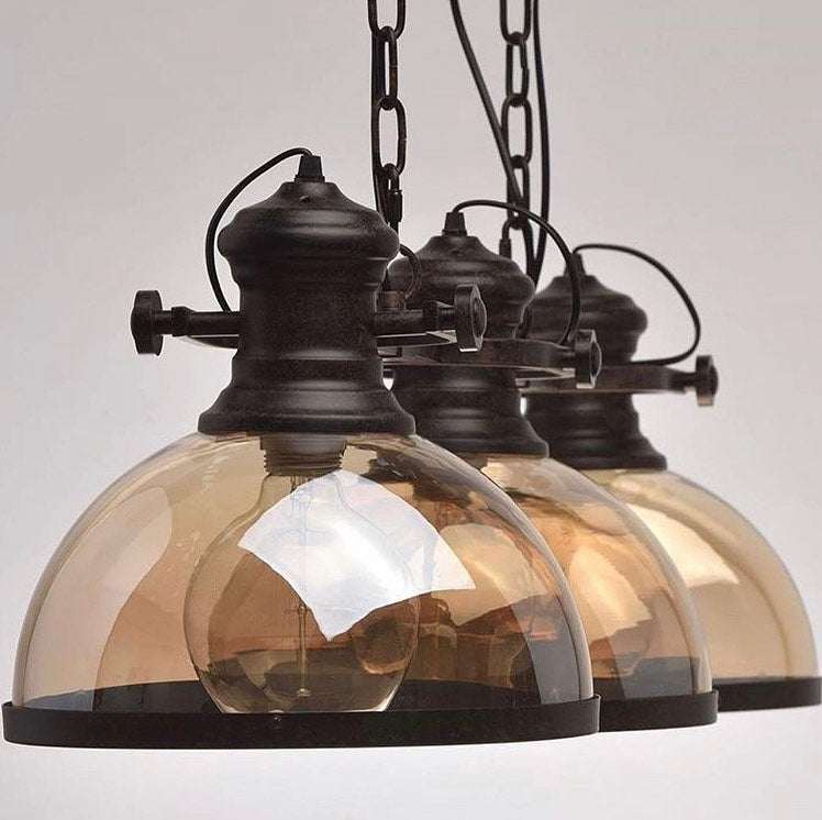 Vintage Industrial Pendant Light with Amber Glass Shade