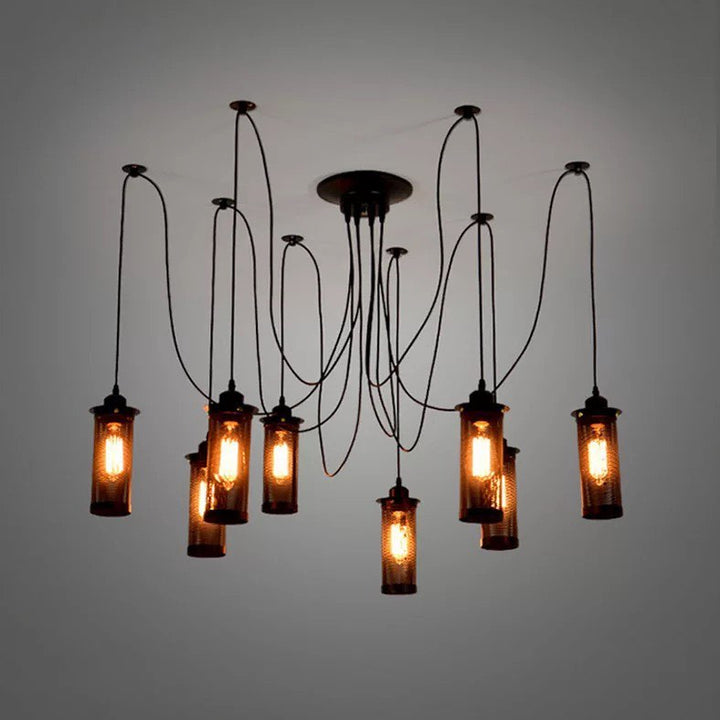 Industrial Multi-Pendant Chandelier with Black Mesh Shades