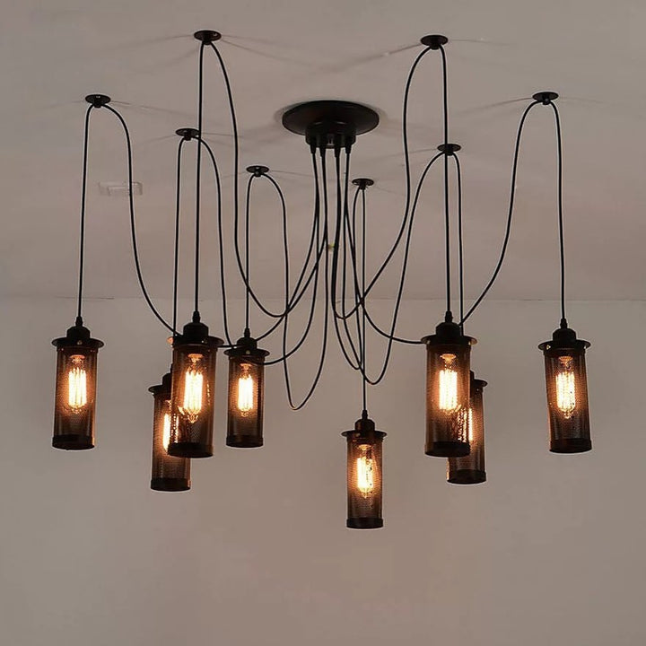 Industrial Multi-Pendant Chandelier with Black Mesh Shades