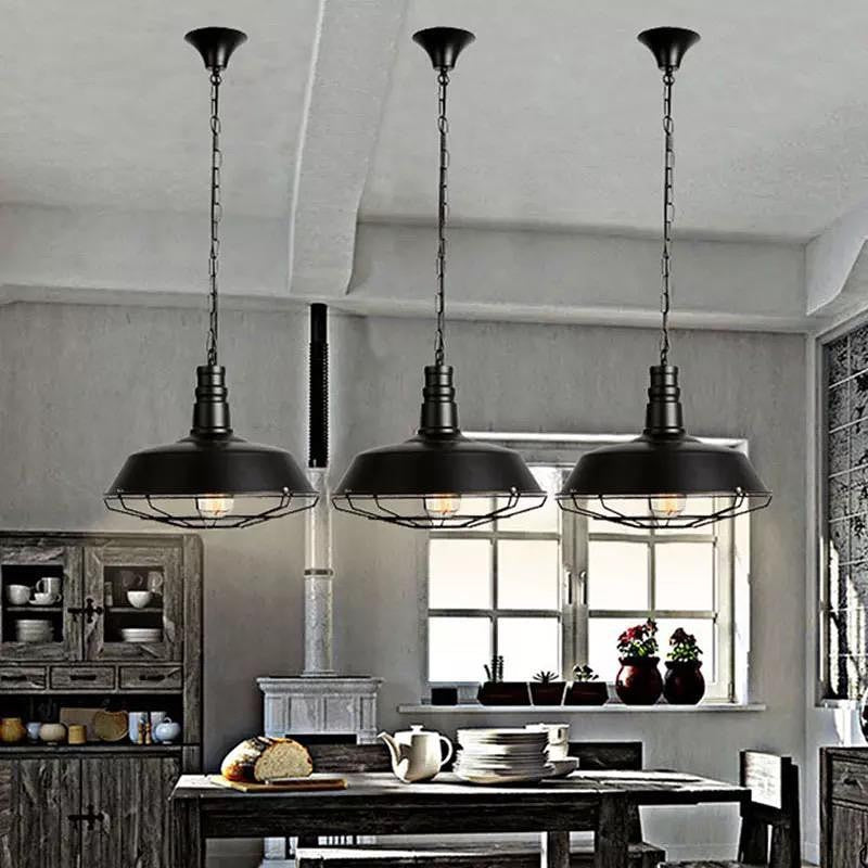 Industrial Pendant Light with Black Dome Shade and Wire Cage