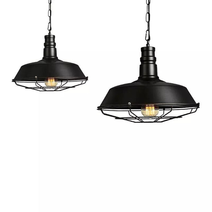 Industrial Pendant Light with Black Dome Shade and Wire Cage