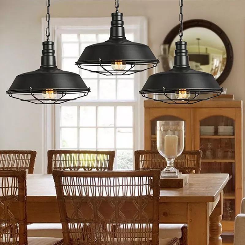 Industrial Pendant Light with Black Dome Shade and Wire Cage