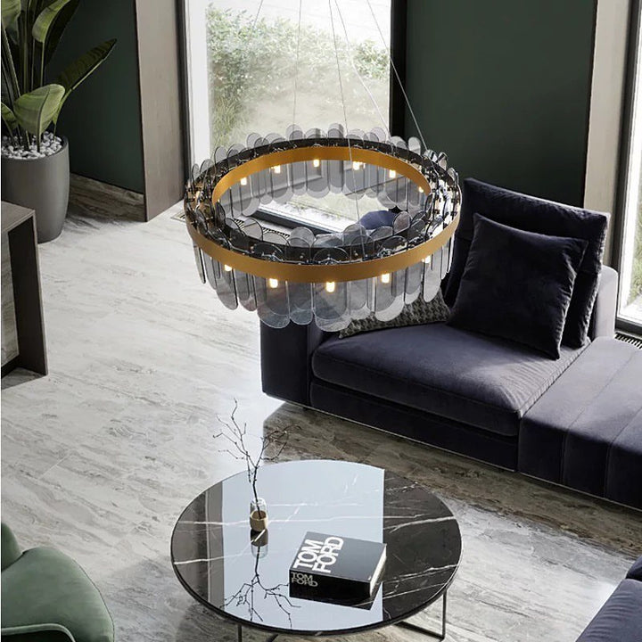 Modern LED Ring Chandelier with Gold Finish and Glass Accents