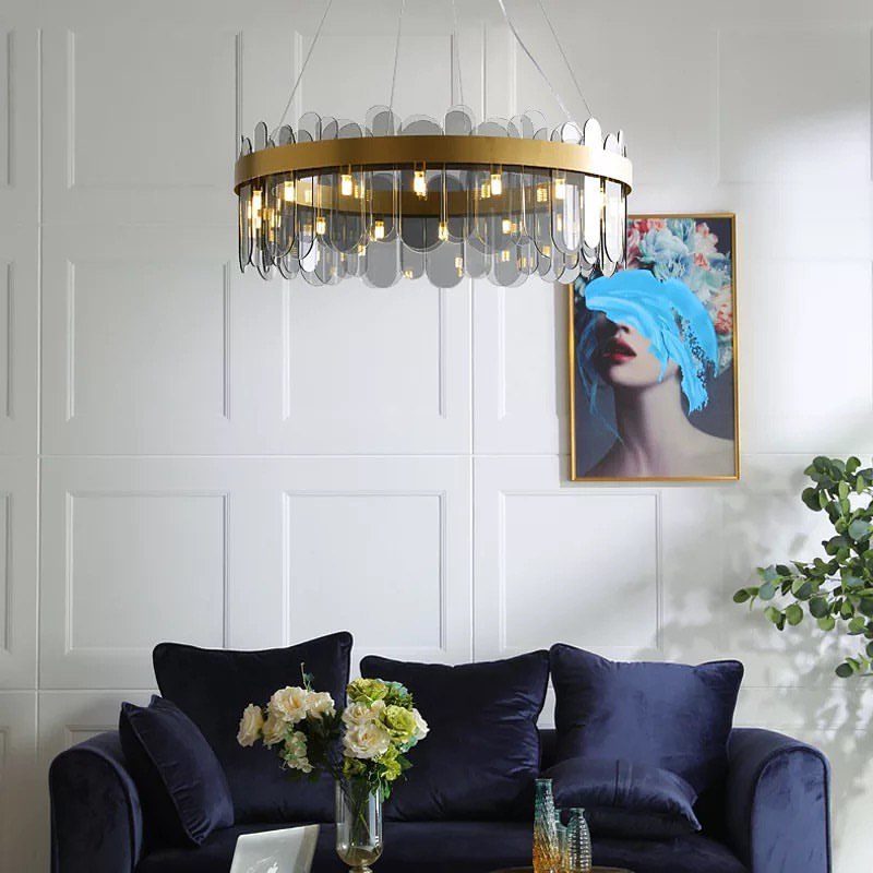 Modern LED Ring Chandelier with Gold Finish and Glass Accents