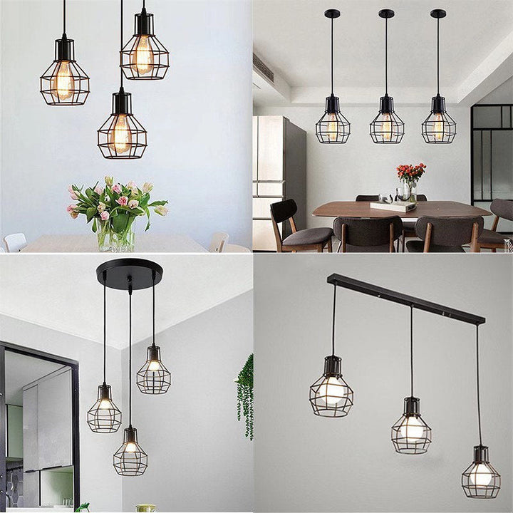 Industrial Pendant Light Set with Black Metal Wireframe Shades