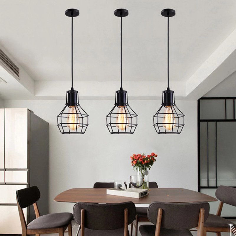 Industrial Pendant Light Set with Black Metal Wireframe Shades