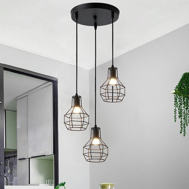 Industrial Pendant Light Set with Black Metal Wireframe Shades