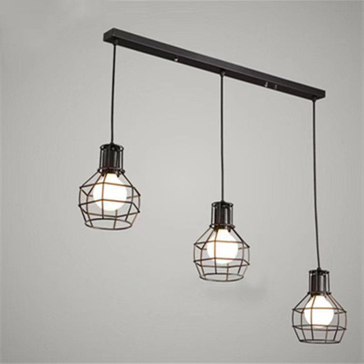 Industrial Pendant Light Set with Black Metal Wireframe Shades